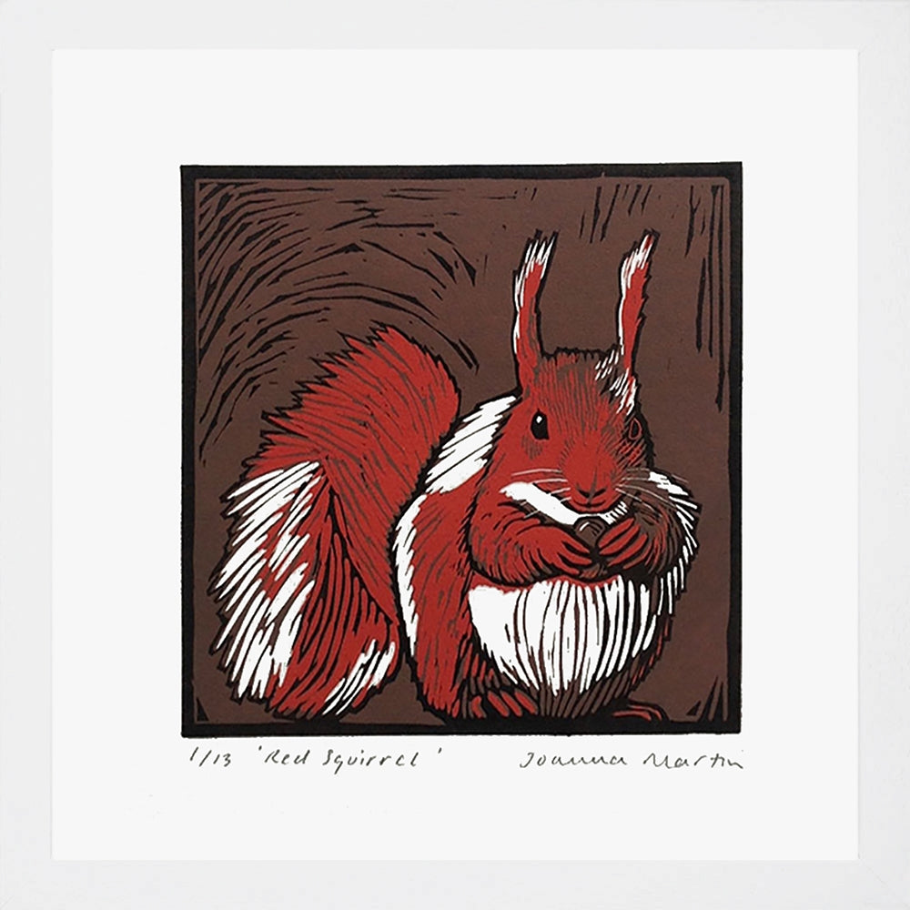 Lino Print - Red Squirrel White Frame