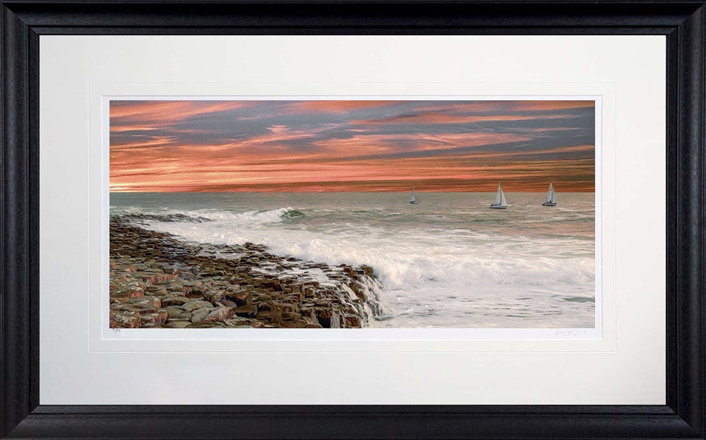 Co Antrim - Sails At Sunset, Giant's Causeway-71 x 45-Black Scoop Frame