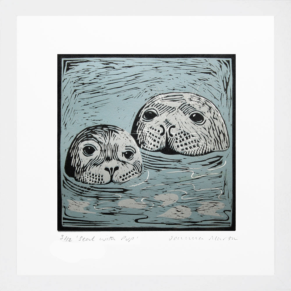 Lino Print - Seal With Pup White Frame