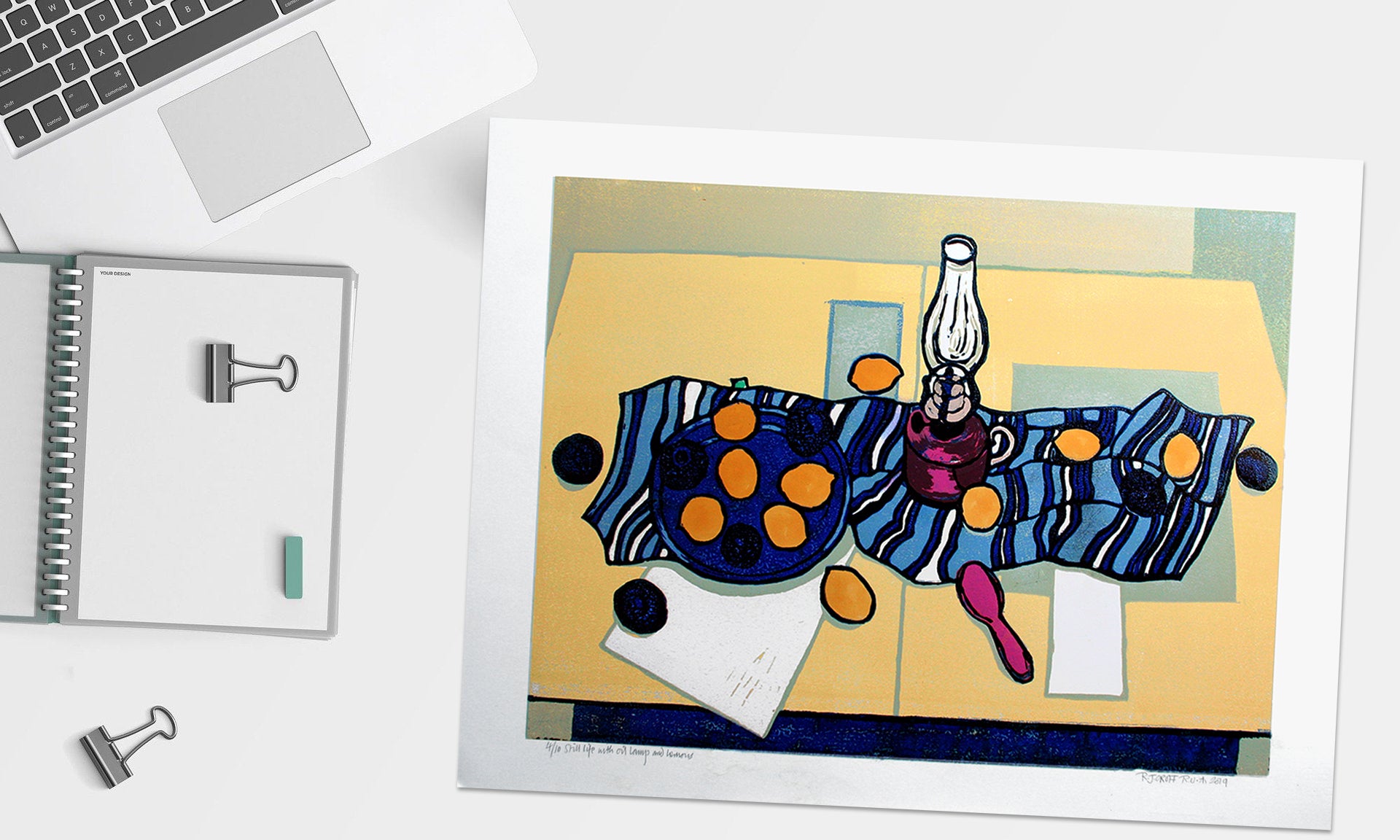 Linocut Print - Still Life With Oil And Lemons