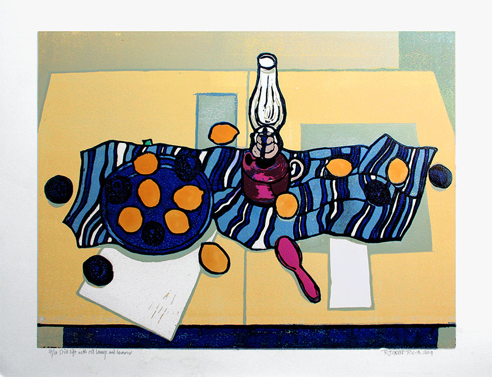 Linocut Print - Still Life With Oil And Lemons Unframed