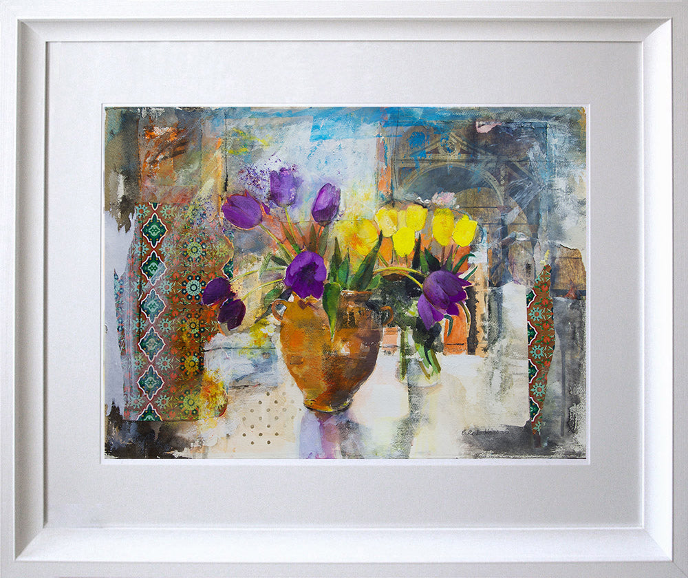 Still Life With Purple And Yellow Tulips Chunky White Frame