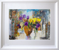 Still Life With Purple And Yellow Tulips Chunky White Frame
