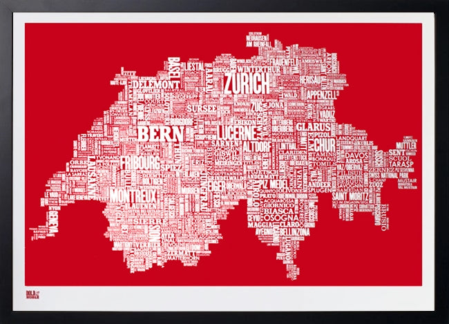 Map - Switzerland in Red - Black Box Frame