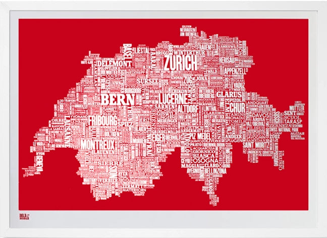 Map - Switzerland in Red - White Box Frame