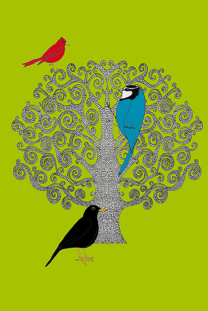 Three Bird Tree (Green) Unframed