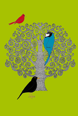 Three Bird Tree (Green) Unframed