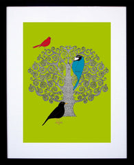 Three Bird Tree (Green) Framed