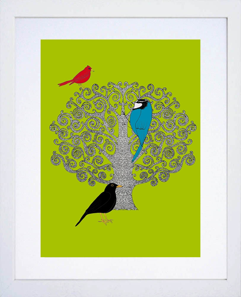 Three Bird Tree In Green White Frame