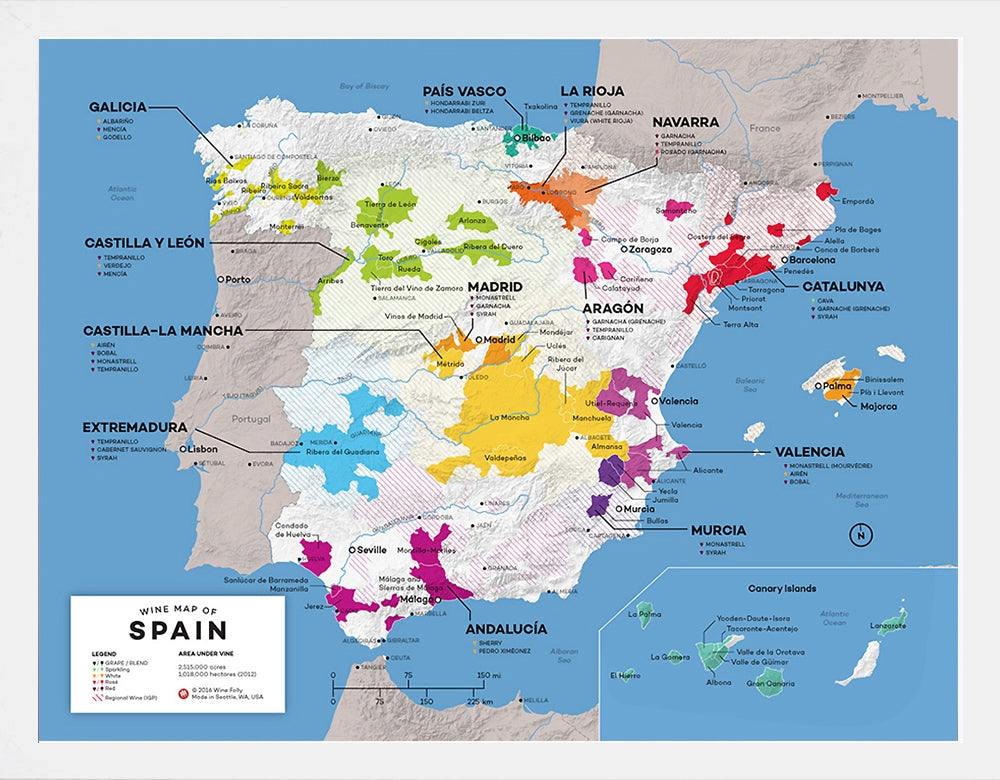 Wine Map Of Spain White Frame