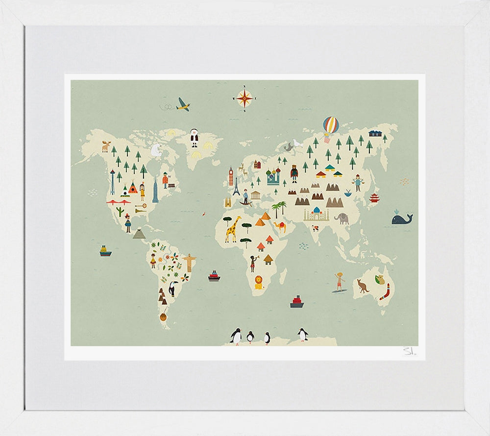 World Map White Frame