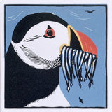 Lino Print - Puffin With Sandeels - Limited Edition