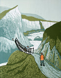 Linocut Print - Co Antrim Carrick-A-Rede Rope Bridge 2017 Orange Coat