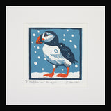 Lino Print - Puffin in Snow - Black Frame