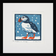 Lino Print - Puffin in Snow - Black Frame
