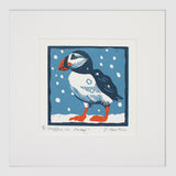 Lino Print - Puffin in Snow - White Frame