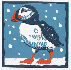 Lino Print - Puffin In Snow