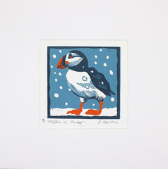 Lino Print - Puffin in Snow - Unframed