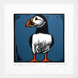 Lino Print - Puffin On Guard White Frame