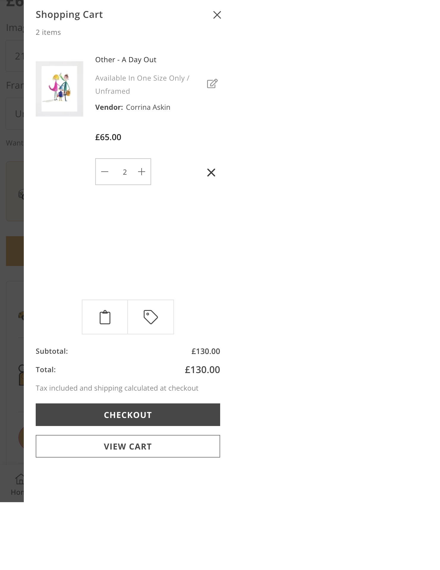 Current cart drawer showing the artwork, quantity controls, a dark Checkout button and a secondary View Cart button.