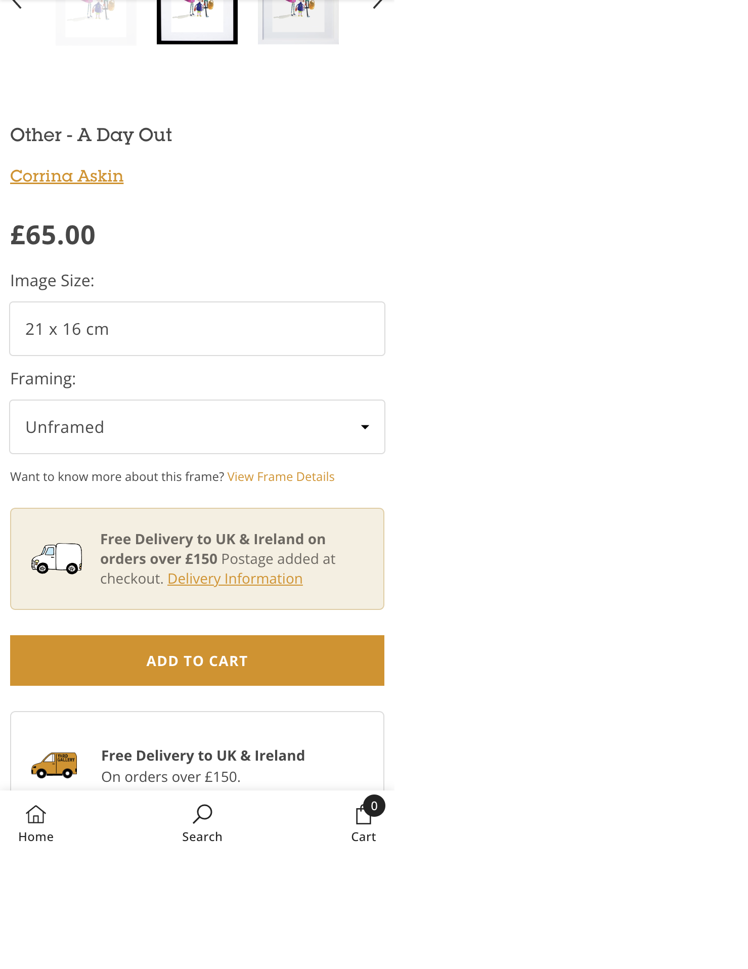 Current product options and Add to Cart. Image size and framing are dropdowns. Two free-delivery messages sit above a gold Add to Cart button. The footer still shows Home, Search and Cart.
