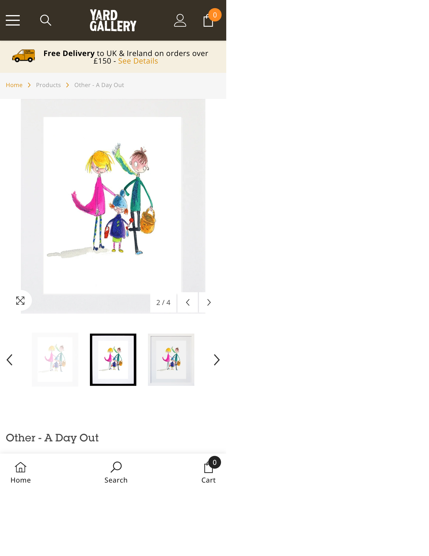 Current mobile product page. The artwork and image gallery fill the screen. The sticky footer shows Home, Search and Cart. Add to Cart is not visible.