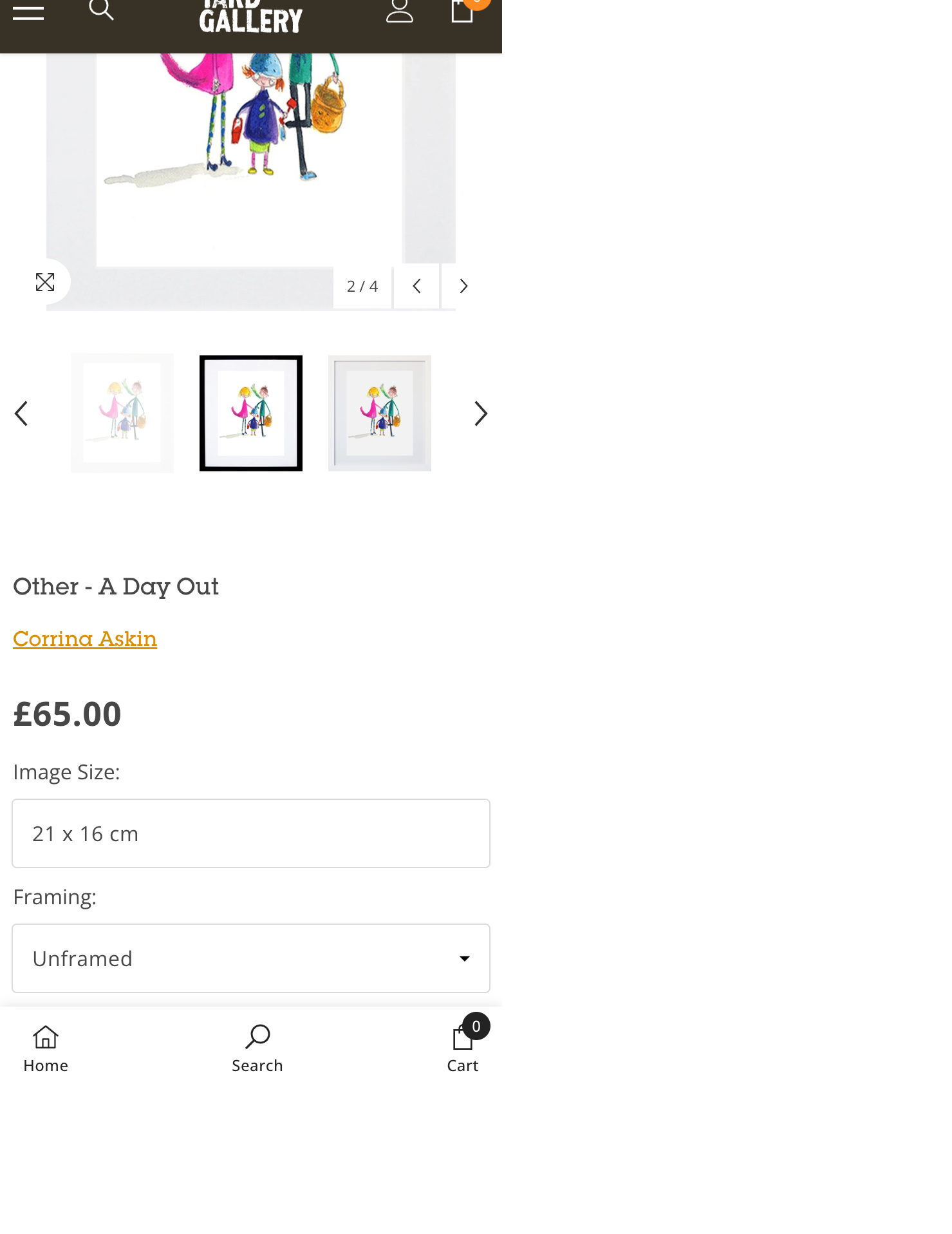 Current product options. Image size shows 21 by 16 centimetres. Framing is a dropdown set to Unframed. Add to Cart is not on screen.